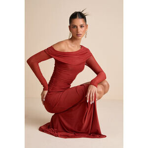 Lulus Darla Rust Red Mesh One-shoulder Long Sleeve Maxi Dress - Size M